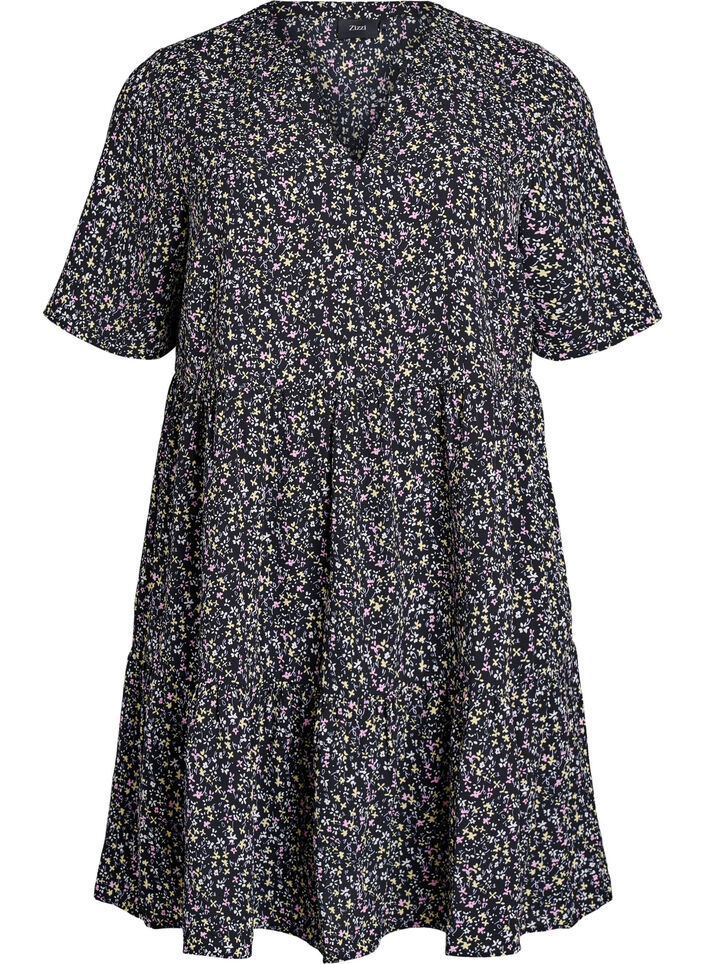 Kortermet kjole med A-lineskåret snitt og snittlinjer, Svart, Packshot image number 0