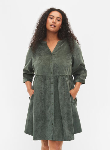Zizzi Fløyelskjole med 3/4-ermer og knapper, Deep Forest, Model image number 0