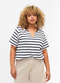 Stripete bomulls T-skjorte med V-hals, Bright White Stripe, Model