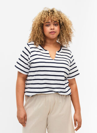 Stripete bomulls T-skjorte med V-hals, Bright White Stripe, Model image number 0