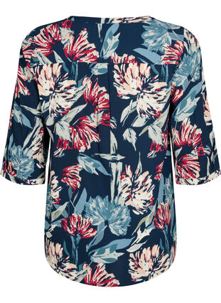 Bluse med print og 3/4 ermer, Navy Flower, Packshot image number 1