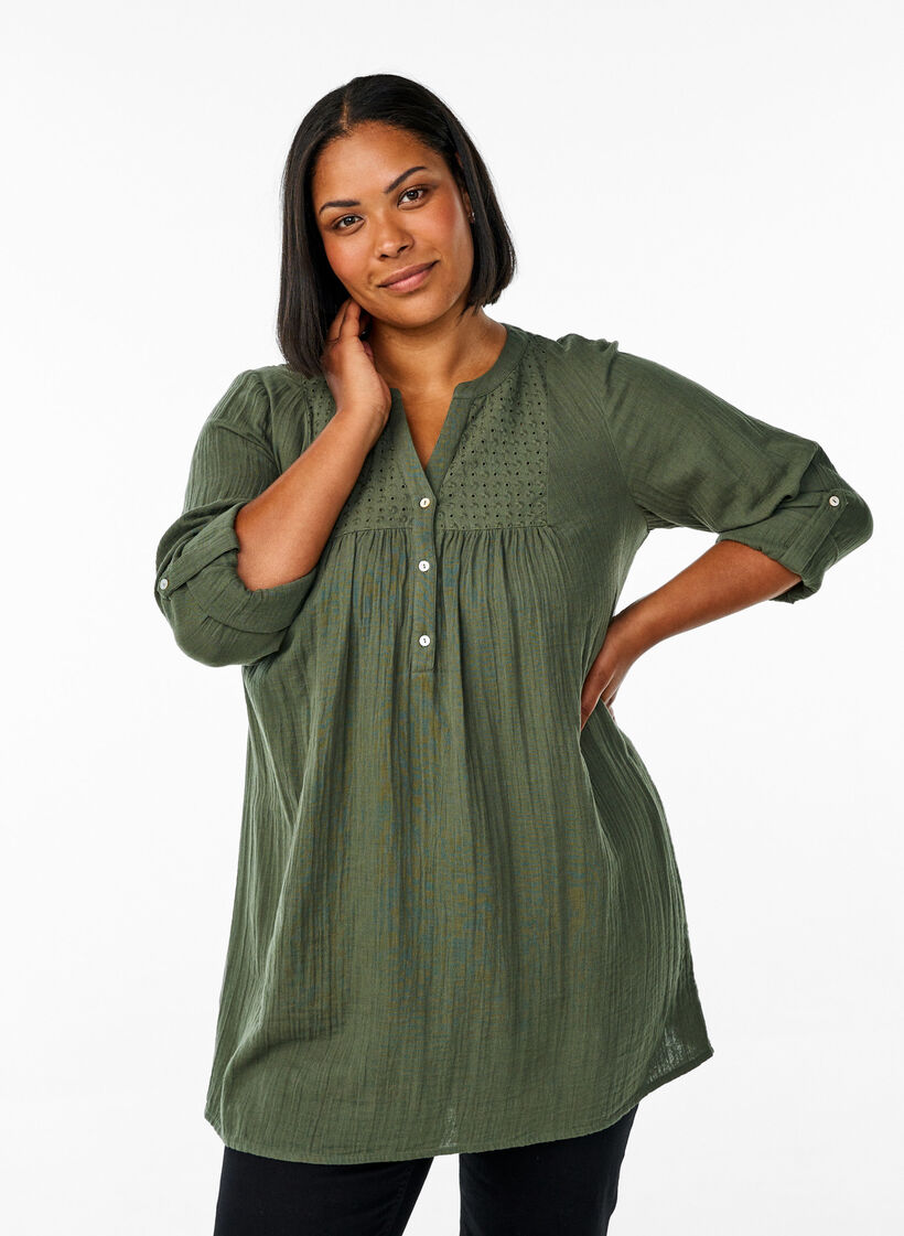 Bomulds muslin-tunika med broderie anglaise, Gr&oslash;nn, Model image number 0