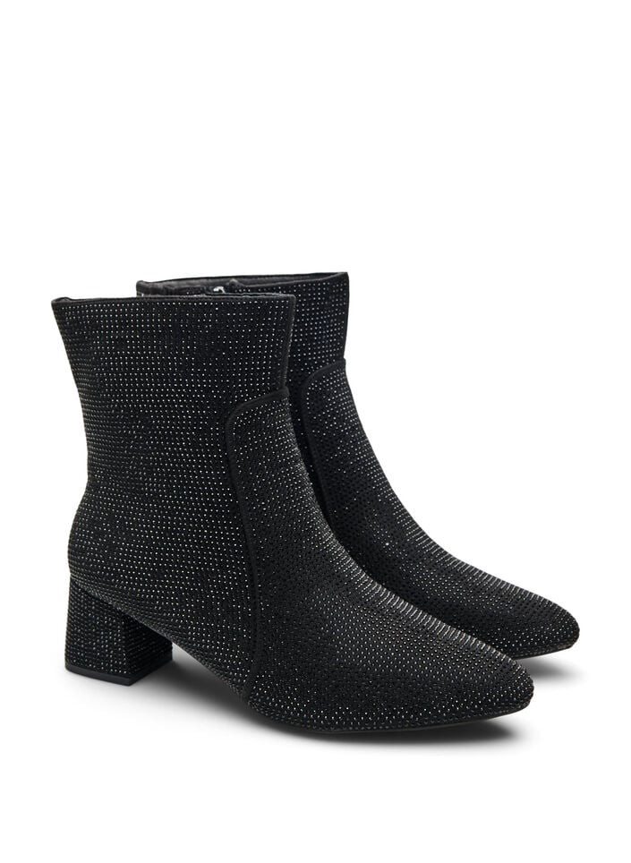 Wide fit - Ankelstøvler med rhinesteiner, Black, Packshot