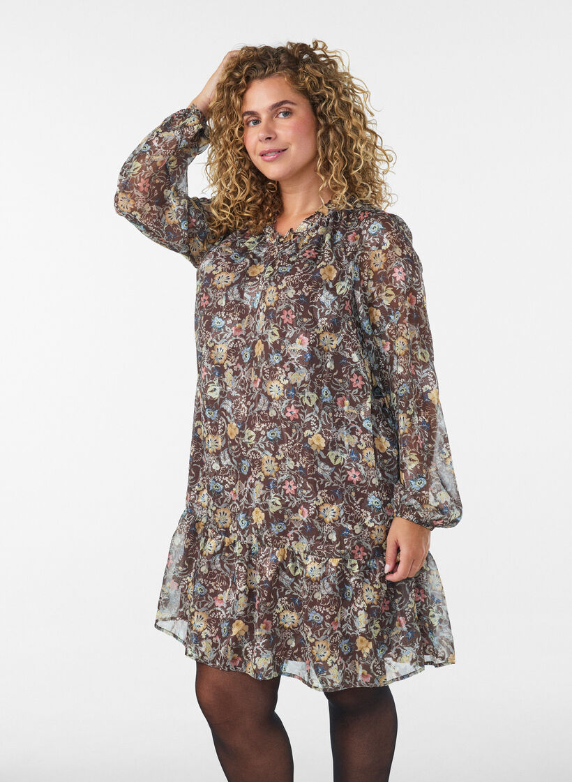 Chiffonkjole med blomstertrykk og volanglag, Brun, Model image number 0