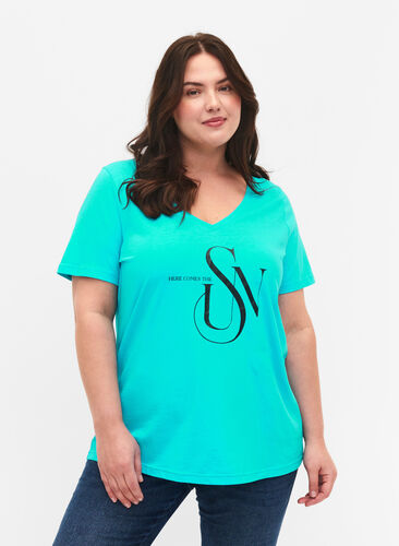 T-skjorte i bomull med trykk, Turquoise SUN, Model image number 0