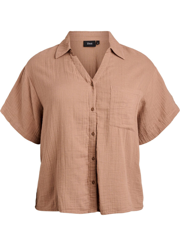 Bluse i bomullsmusselin med korte ermer, Brun, Packshot