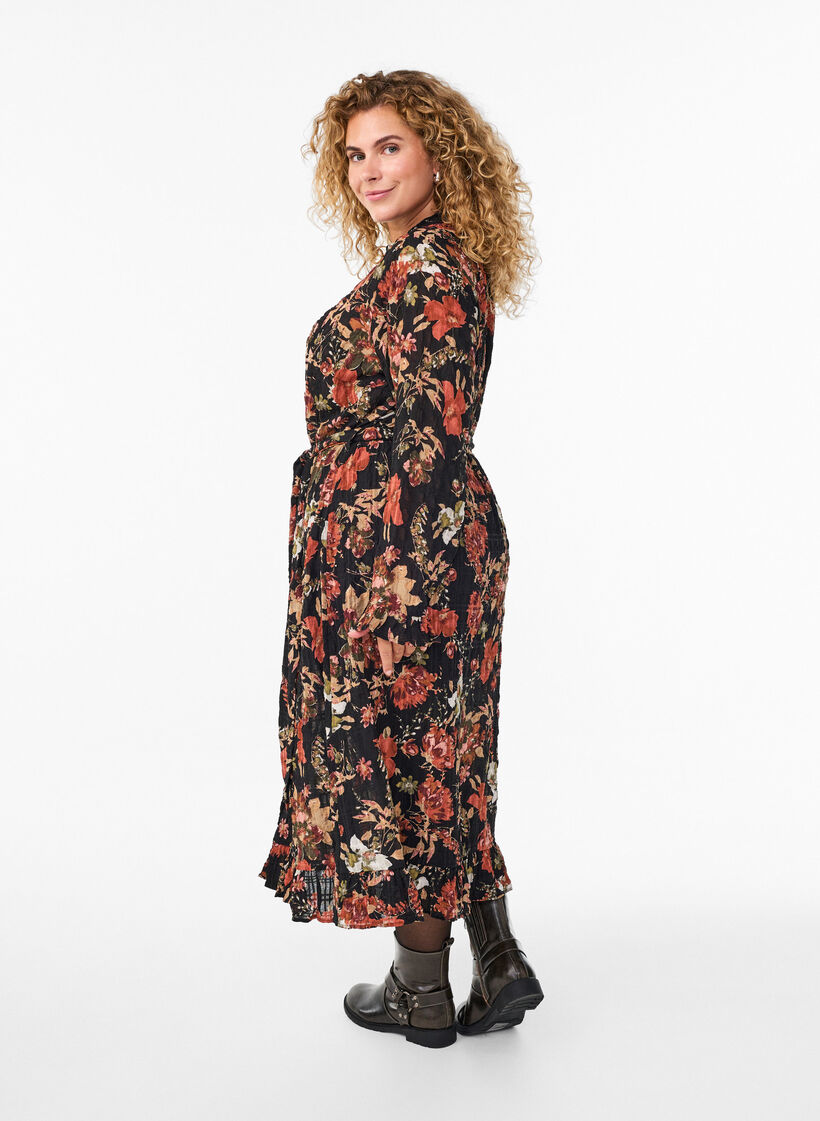 Midikjole med blomstertrykk og avtakbart knytebelte, Svart, Model image number 1