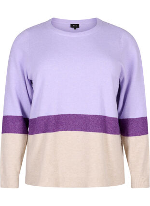 Stripete strikkegenser med rund hals, Lavender Comb, Packshot image number 0