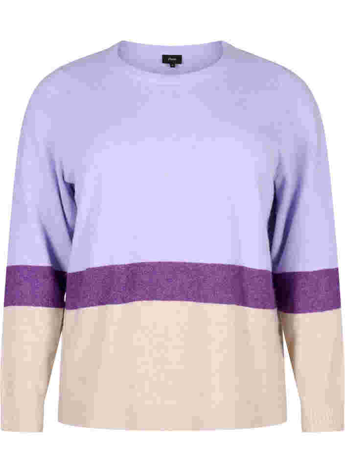 Stripete strikkegenser med rund hals, Lavender Comb, Packshot image number 0