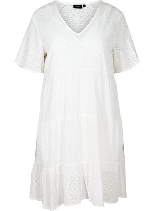 Kortermet kjole med broderi anglaise, Bright White, Packshot image number 0