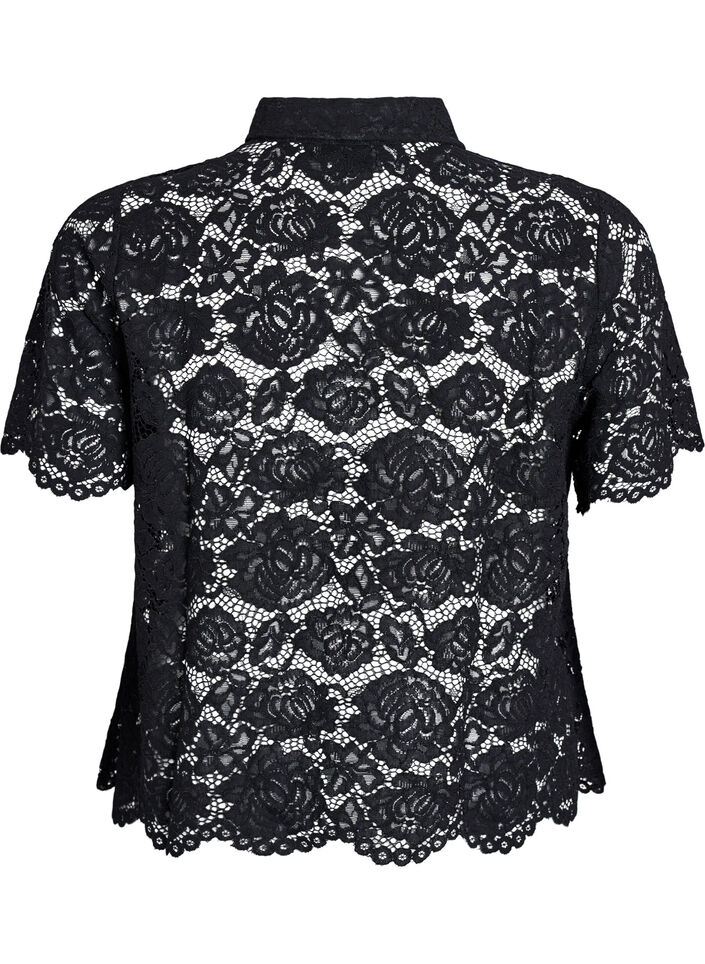 Skjortebluse i blonde med perleknapper, Svart, Packshot image number 1