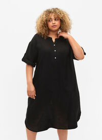 Kortærmet kjole i 100% lin, Black, Model