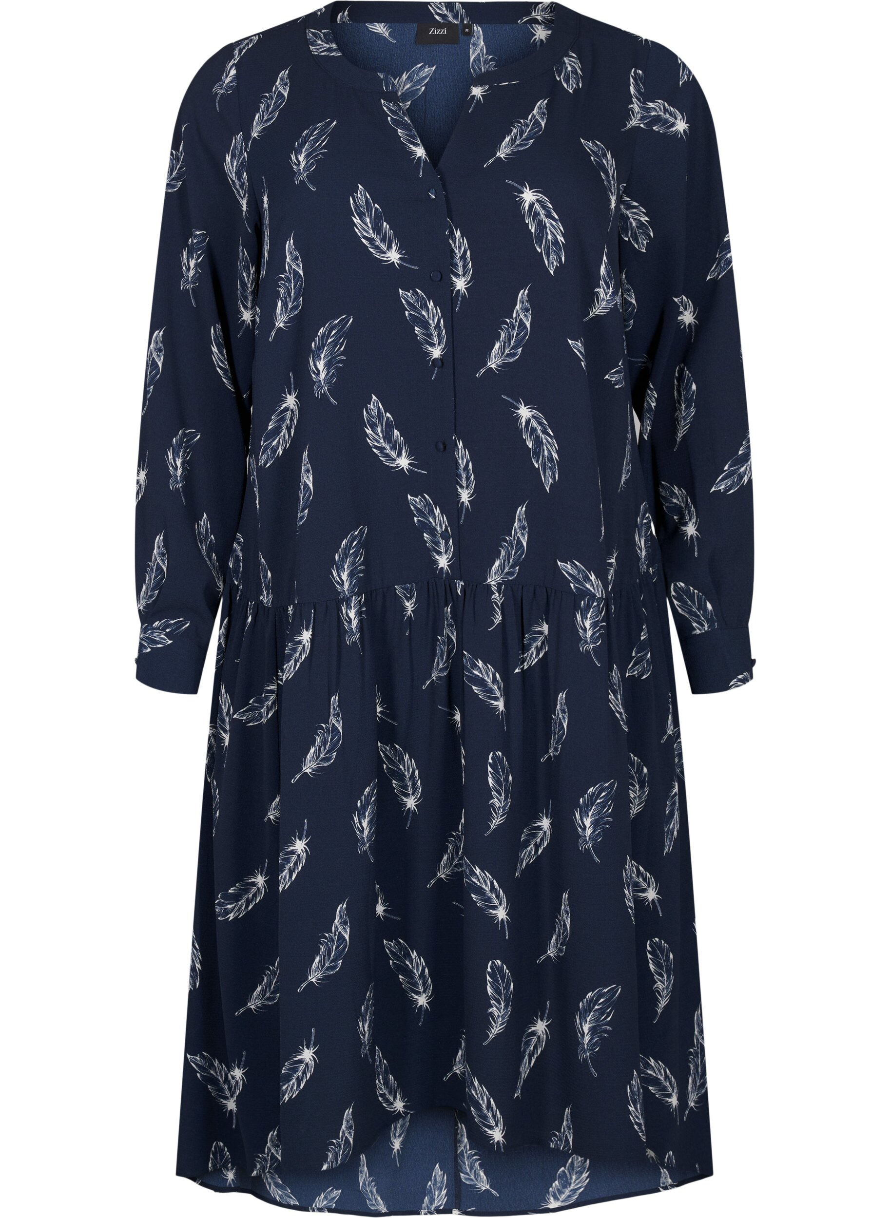 Zizzi Midi-kjole med lange ermer, Navy B. Feather AOP, Packshot image number 0