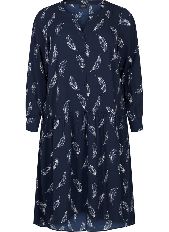 Midi-kjole med lange ermer, Navy B. Feather AOP, Packshot image number 0