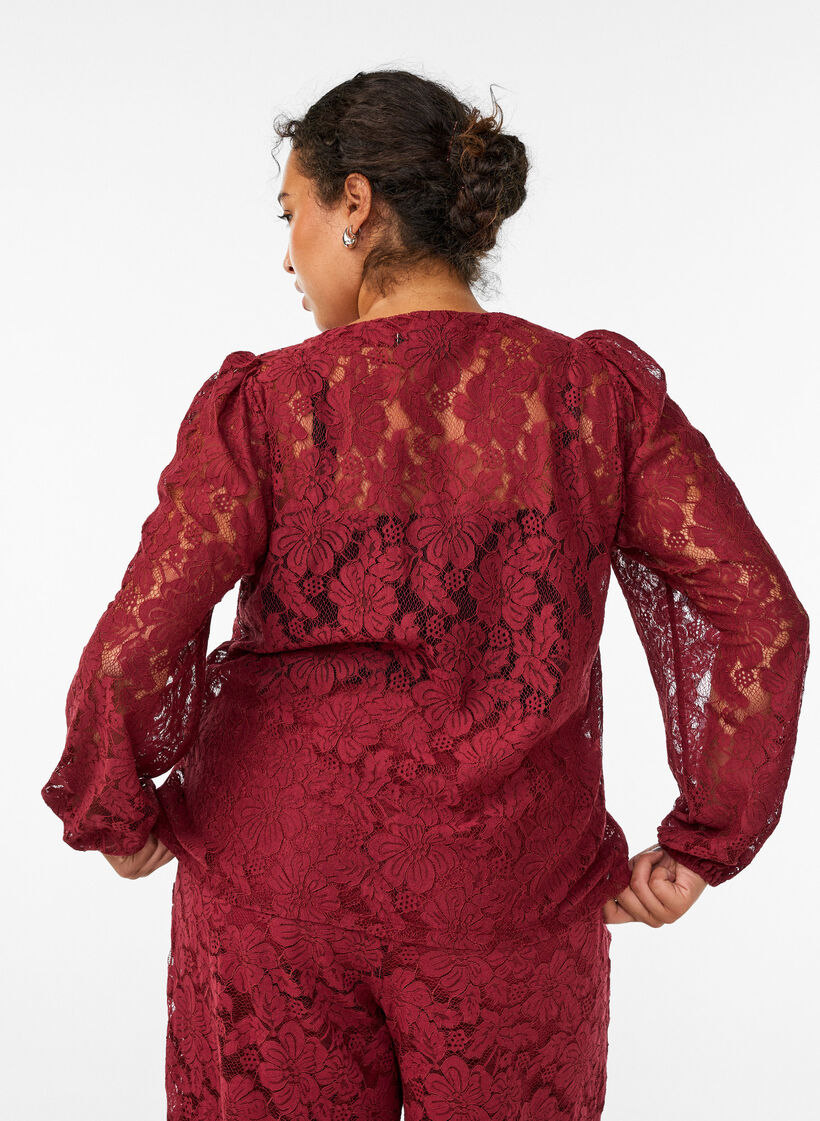 Bluse med blonder, åpen front og knytestrenger, Mørk Bordeaux, Model image number 2