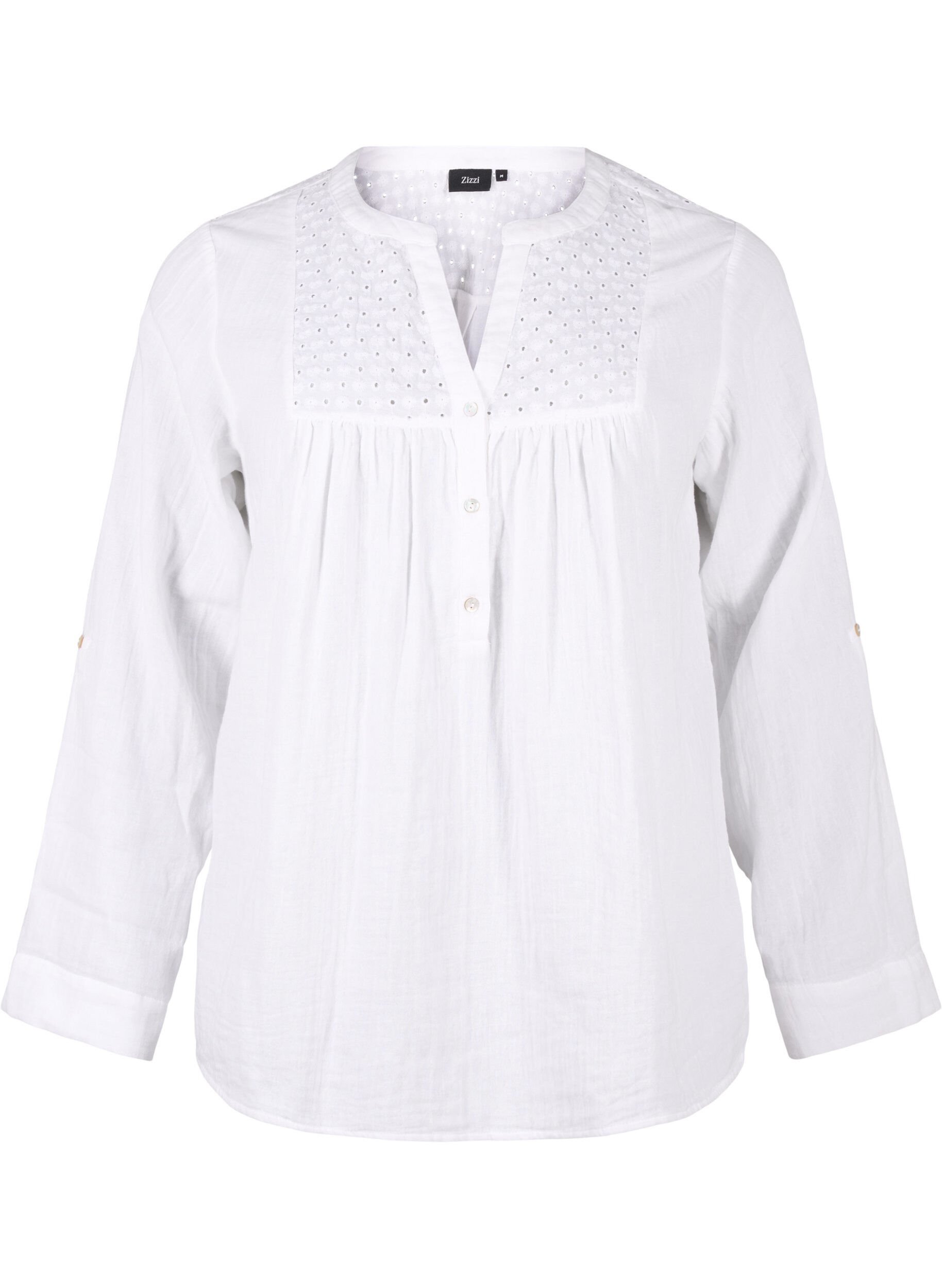 Zizzi Bomullsbluse med engelsk broderi og 3/4-ermer, Bright White, Packshot image number 0