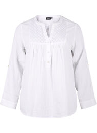 Bomullsbluse med engelsk broderi og 3/4-ermer, Bright White