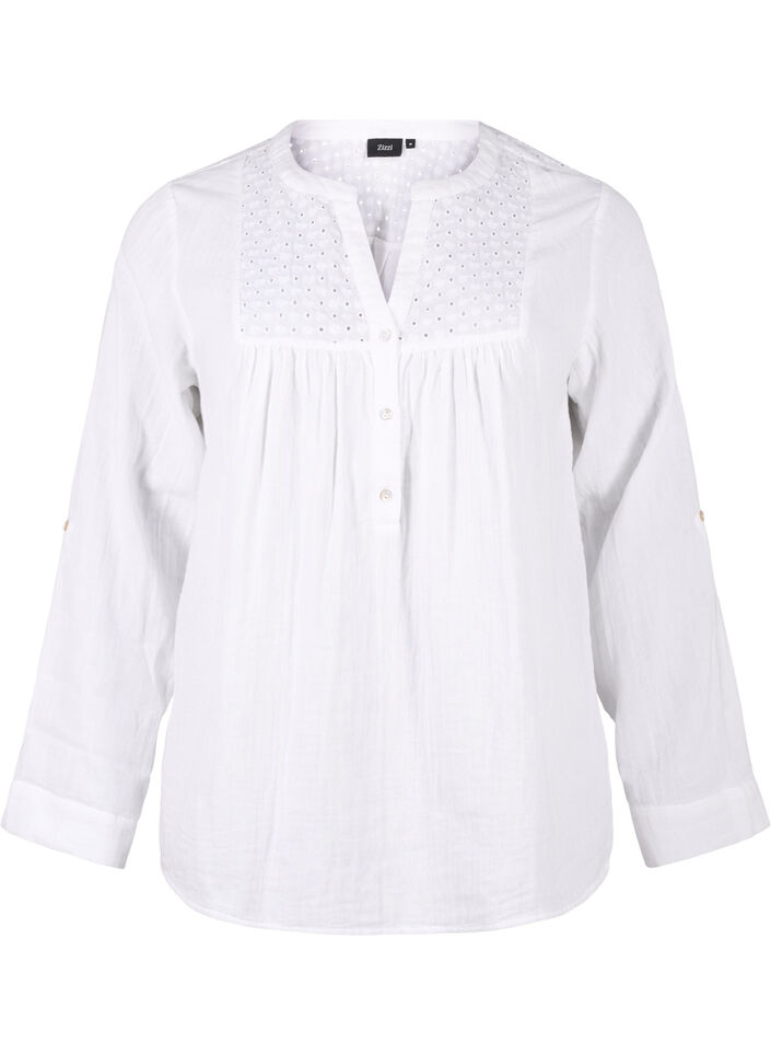 Bomullsbluse med engelsk broderi og 3/4-ermer, Bright White, Packshot image number 0