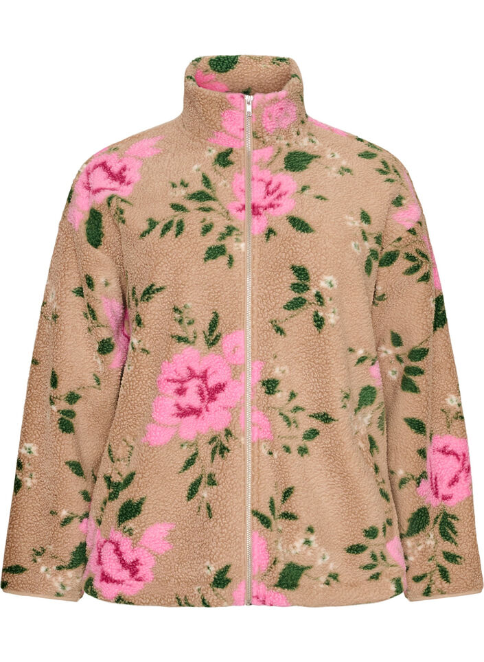 Blomstret fleecejakke med h&oslash;y hals og glidel&aring;s, Beige, Packshot image number 0
