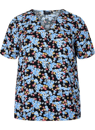 Mønstrete pysjamasskjorte i viskose, Black Blue Flower, Packshot image number 0