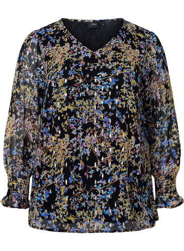 Blomstrete bluse med lange ermer og V-hals, Black/Vibrant Flower, Packshot image number 0