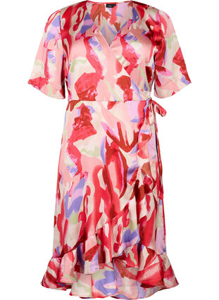 Zizzi Omslagskjole i sateng med trykk, Geranium Graphic AOP, Packshot image number 0