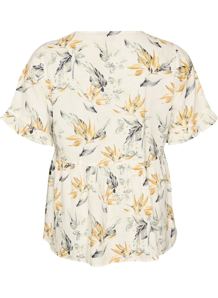 Bluse i lin og viskose med V-hals og knappelukking, Hvit, Packshot image number 1
