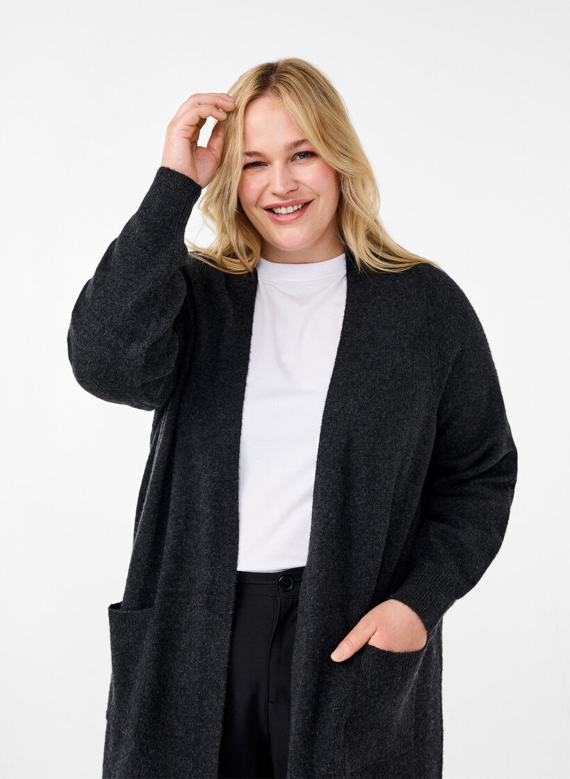 Lang strikket cardigan med lommer, Dark Grey Melange, Model image number 2