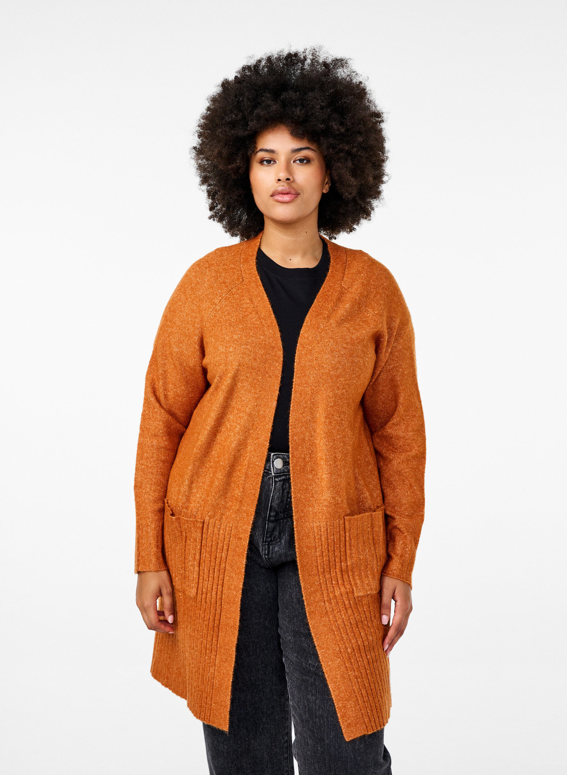 Zizzi Lang cardigan med lommer, Autumnal Mel., Model image number 0