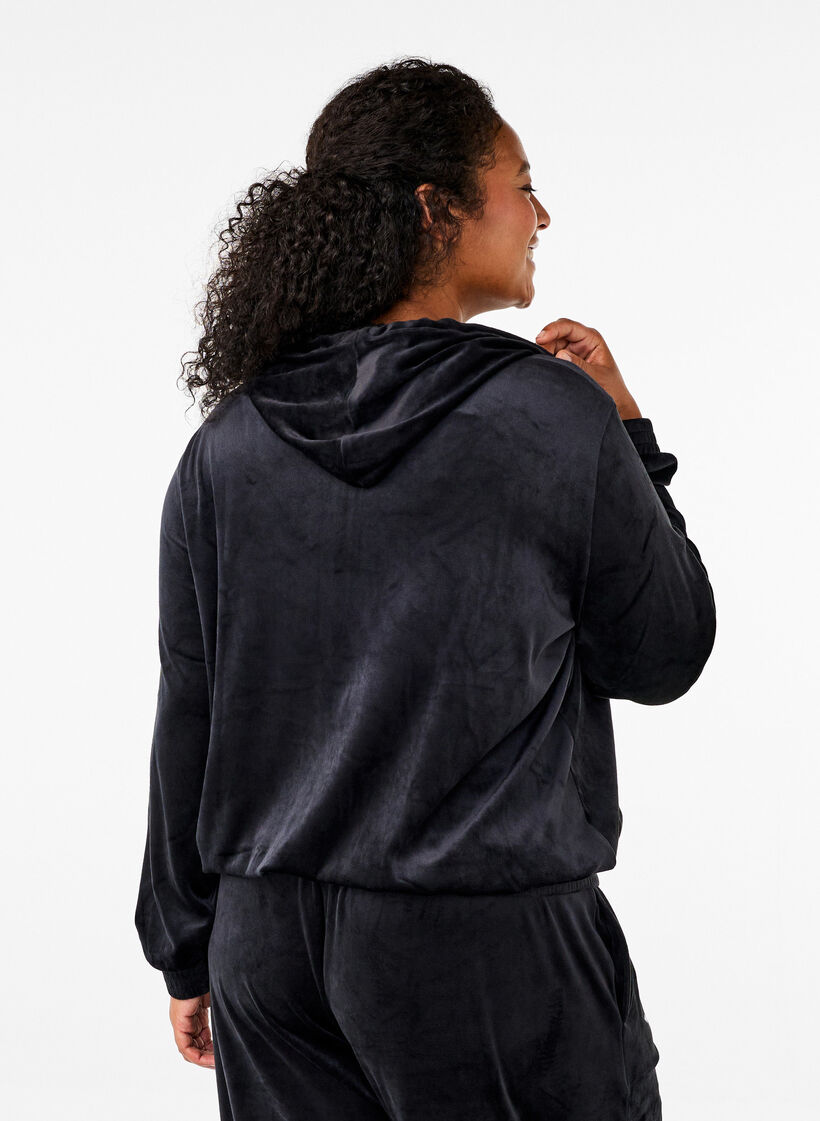 Velour cardigan med hette, Black, Model image number 1