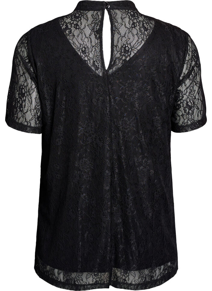 Bluse med blonder og vri-detalj og korte ermer, Svart, Packshot