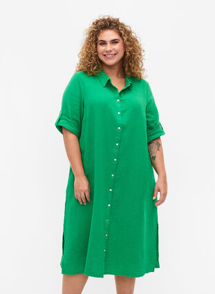 Skjortekjole i bomull med korte ermer, Bright Green, Model image number 0