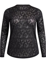 Bluse med blonder, rund hals og slim fit, Svart