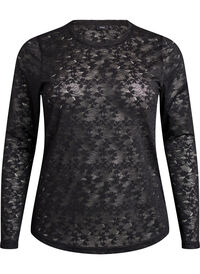 Bluse med blonder, rund hals og slim fit, Svart Bluse med blonder, rund hals og slim fit