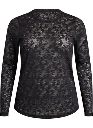 Zizzi Bluse med blonder, rund hals og slim fit, Svart, Packshot image number 0