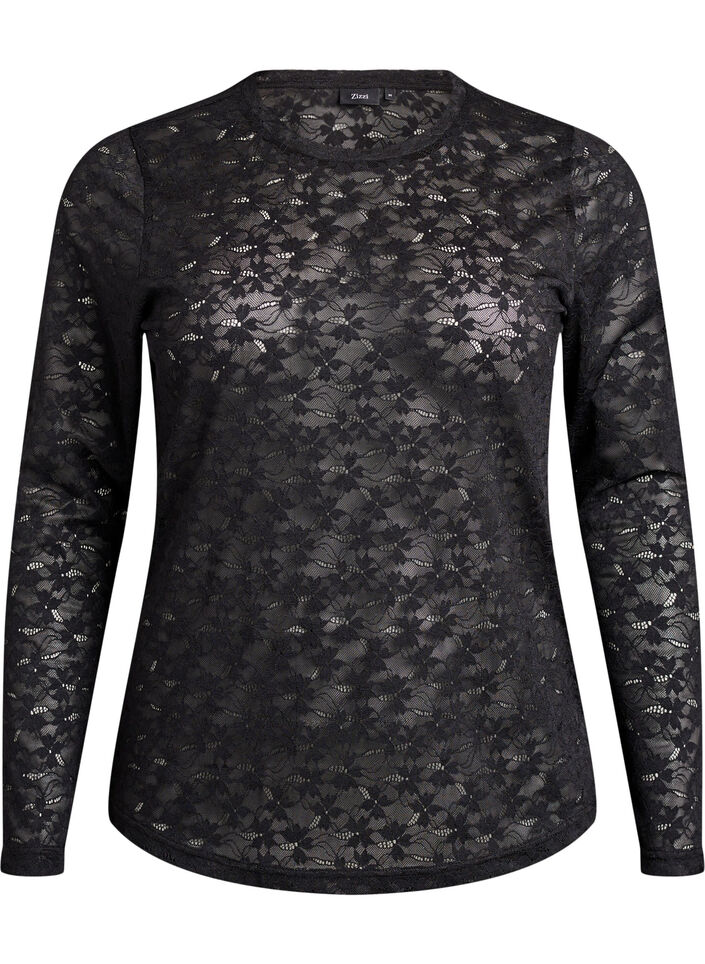 Bluse med blonder, rund hals og slim fit, Svart, Packshot image number 0