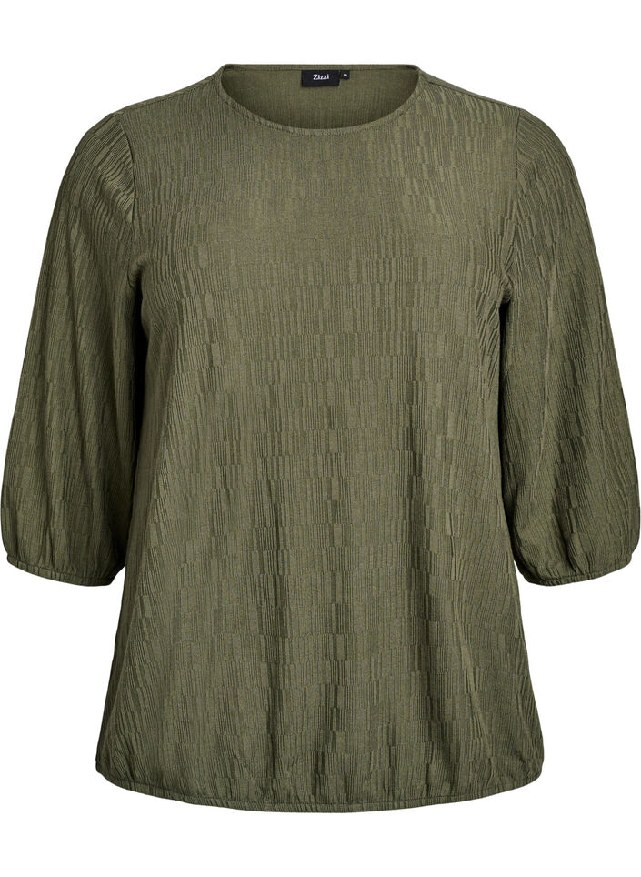 Bluse med tekstur og 3/4 ermer, Gr&oslash;nn, Packshot image number 0