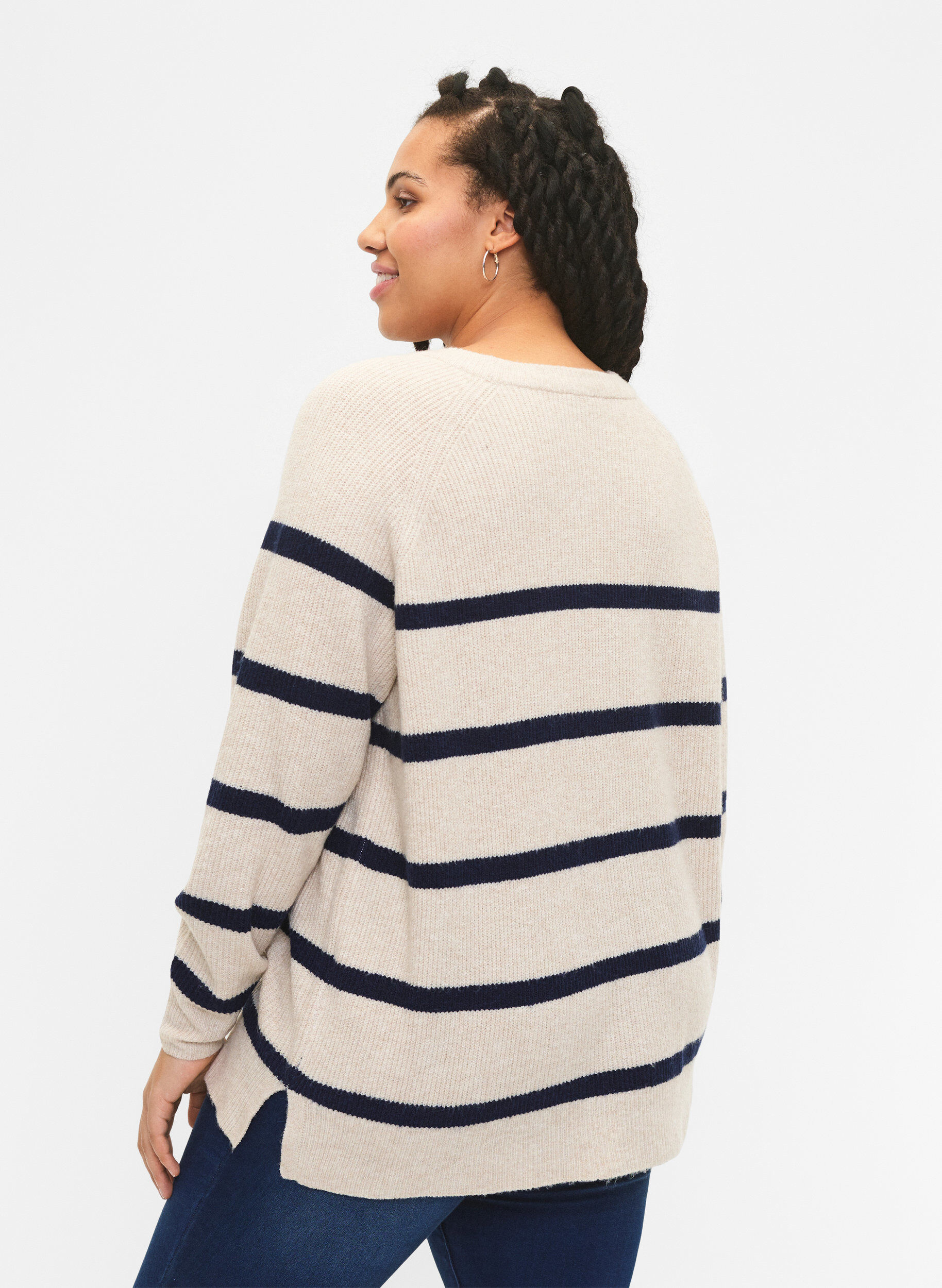Zizzi Ribbestrikket genser med striper, P.Stone/Navy.B.Mel., Model image number 1