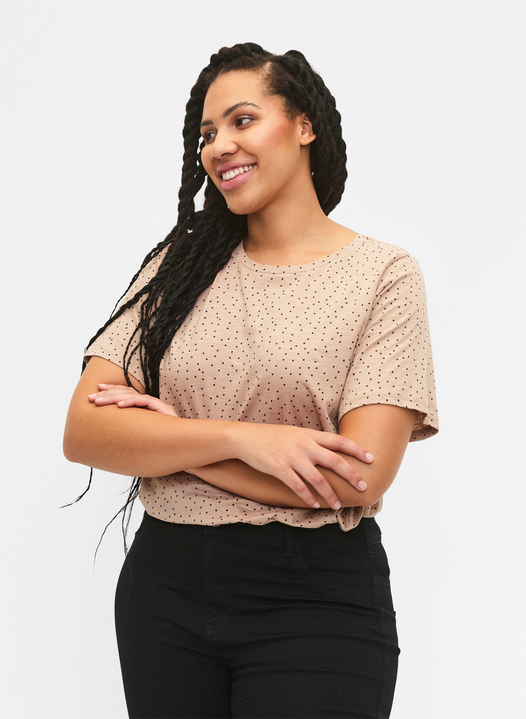 Zizzi T-skjorte i &oslash;kologisk bomull med prikker	, Beige, Model image number 0