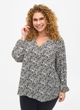 Zizzi Skjortebluse med v-hals og trykk, Birch Graphic, Model image number 0