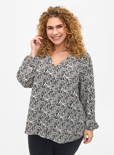 Zizzi Skjortebluse med v-hals og trykk, Birch Graphic, Model image number 0