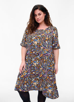 Kortermet viskosekjole med paisleymønster, Black G. Sky Paisley, Model image number 0