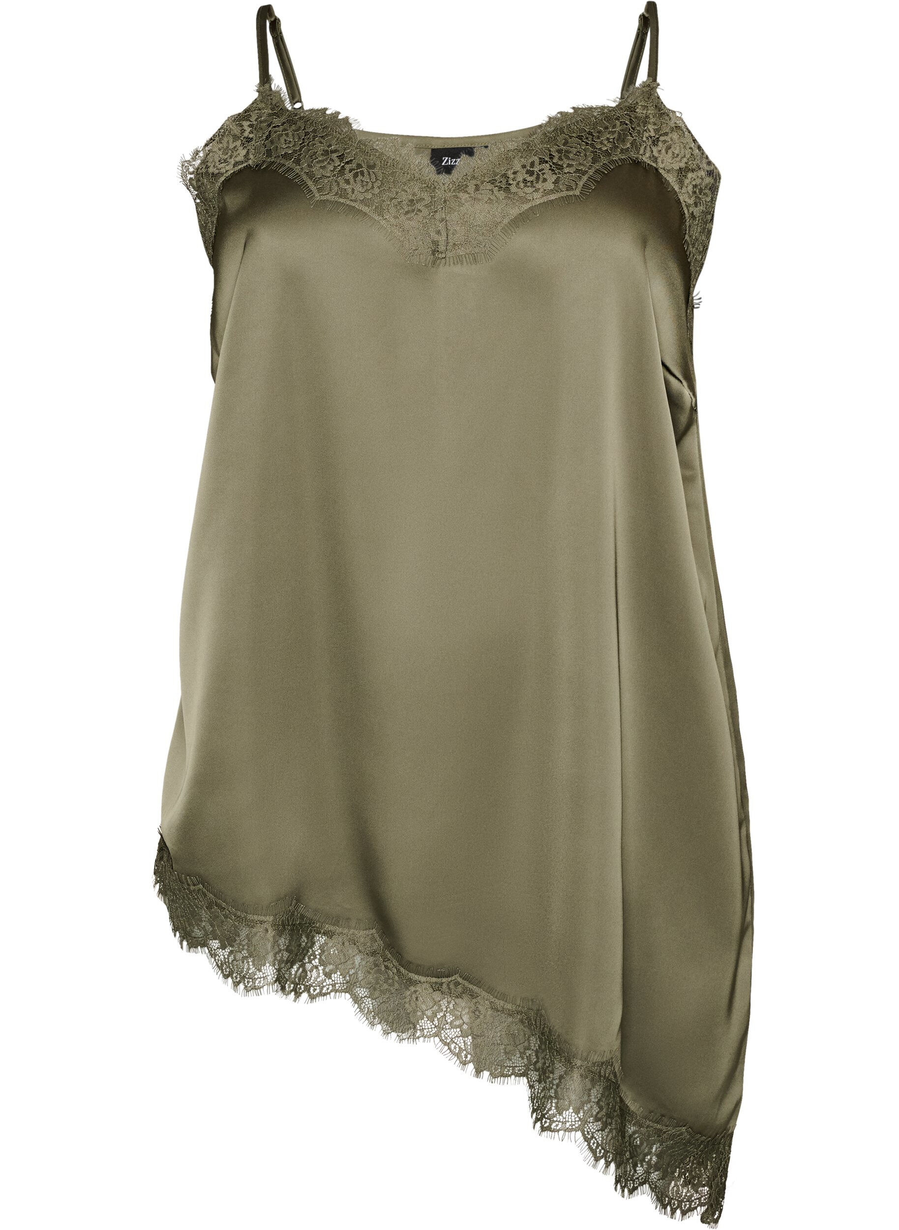 ZizziStroppetopp med blonder og asymmetrisk kant, Gr&oslash;nn, Packshot image number 0