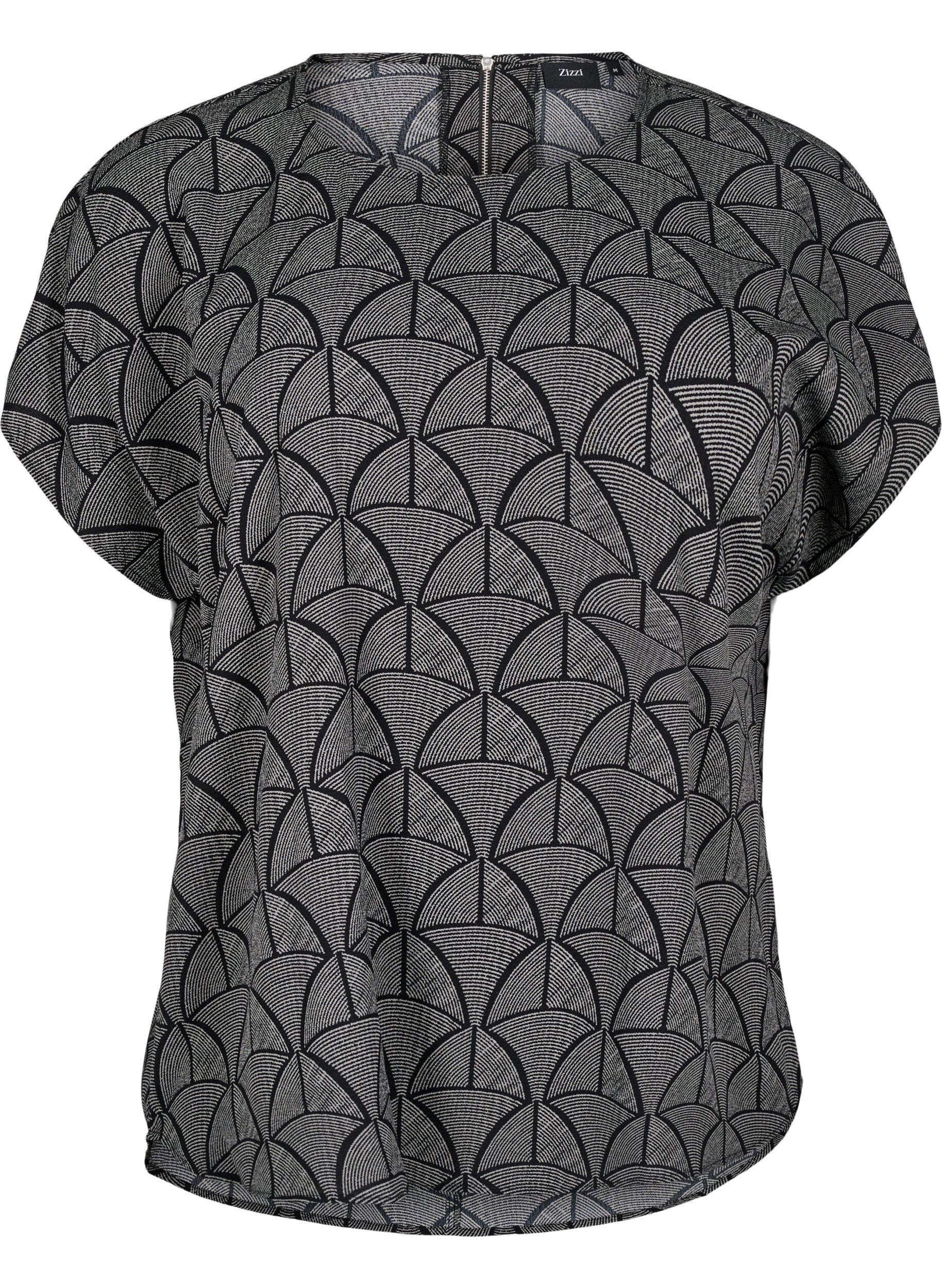 Zizzi Kortermet bluse med trykk, Black Grey Graphic , Packshot image number 0