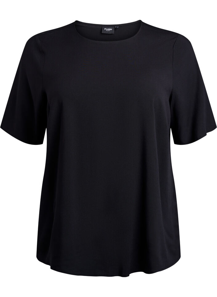 Vevet bluse med korte ermer og rund hals, Svart, Packshot image number 0