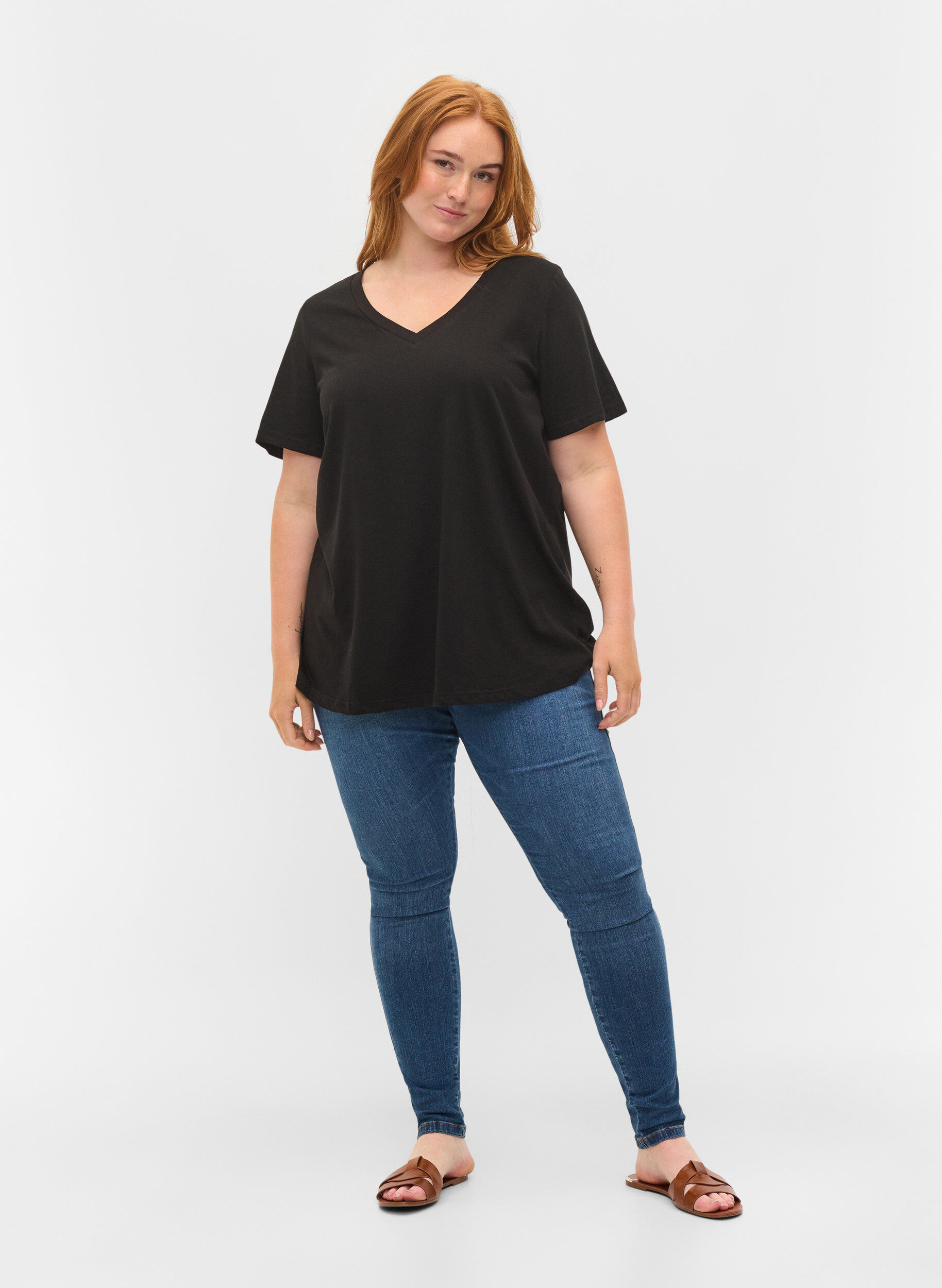 Zizzi Basis T-skjorter i bomull 2 stk., Black/Black, Model image number 2