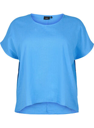 Kortermet bluse i bomullsblanding med lin, Ultramarine, Packshot image number 0