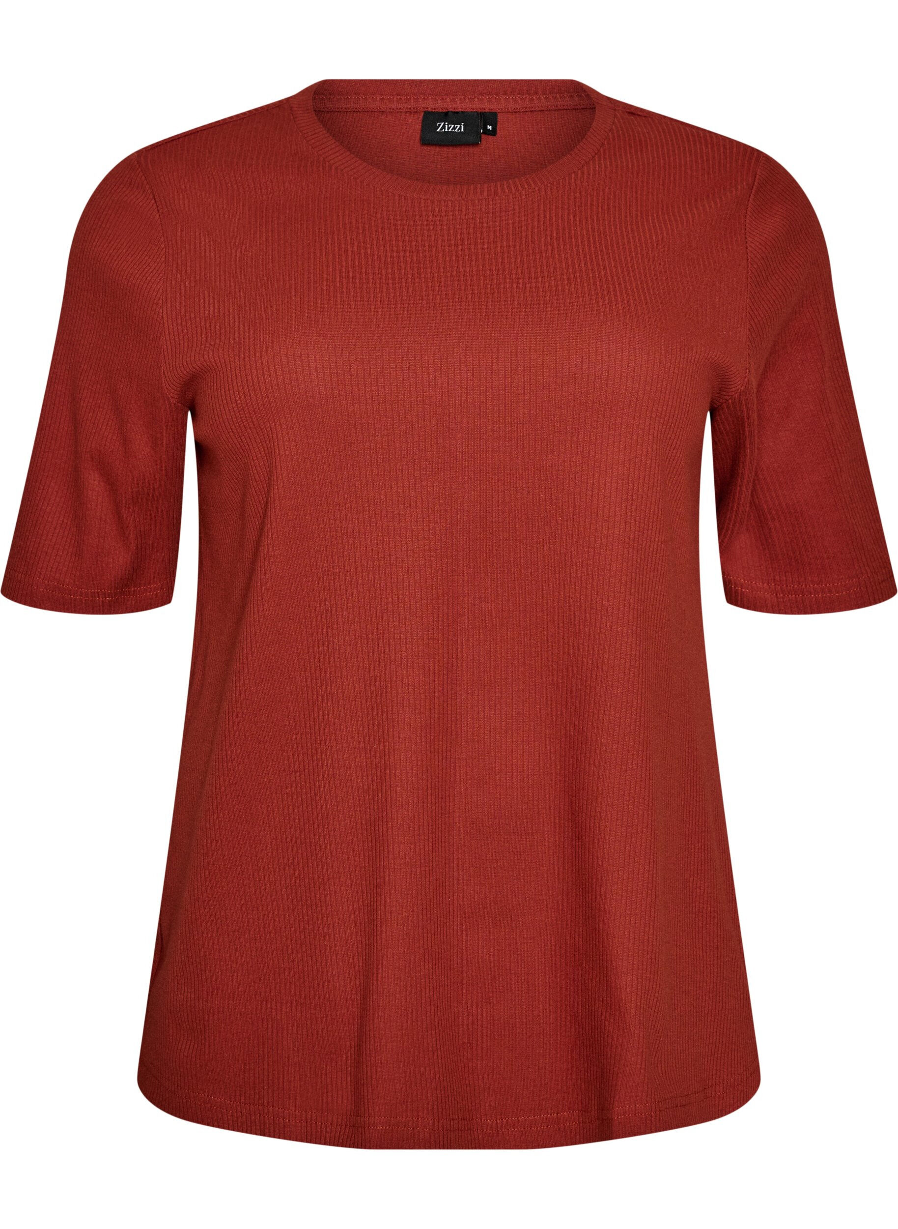 ZizziRibbestrikket jerseybluse med korte ermer, R&oslash;d, Packshot image number 0