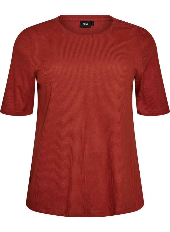 Ribbestrikket jerseybluse med korte ermer, R&oslash;d, Packshot image number 0
