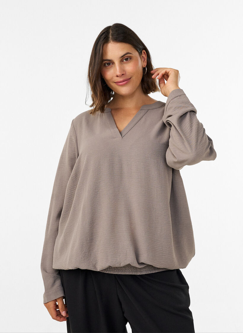 Bluse med ballongsilhuett og V-hals, Beige, Model image number 0